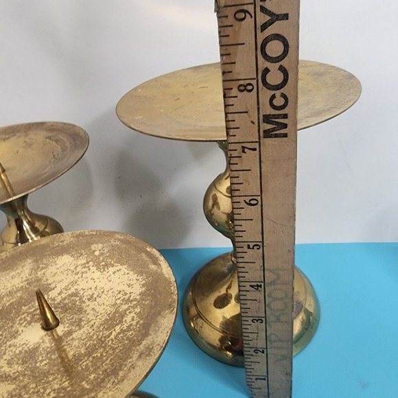 3 Vintage Pillar Brass Candle Holders Embossed Graduated Set Large Ornate - Picture 6 of 12